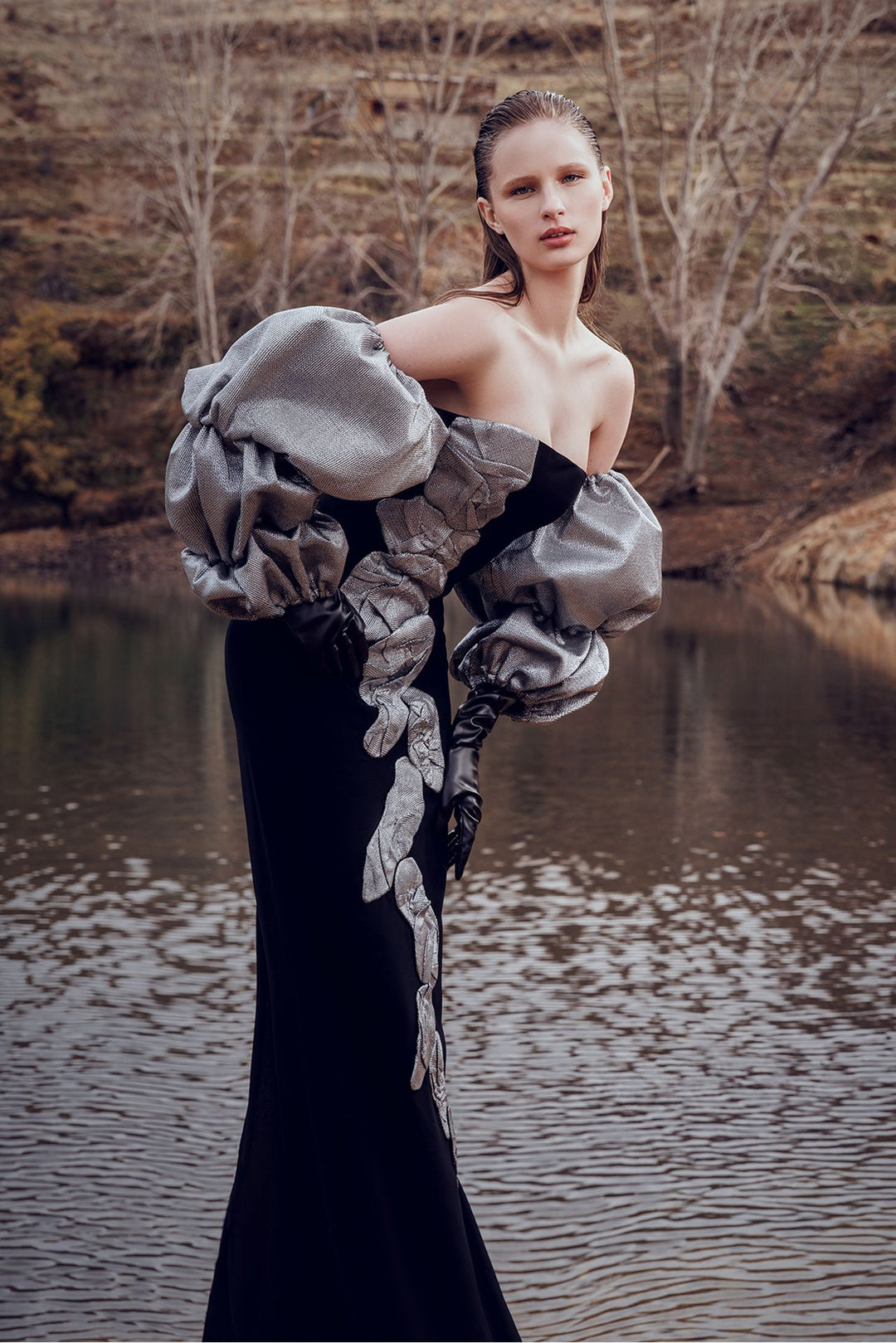 Strapless Fitted Dress with Puffy Gloves