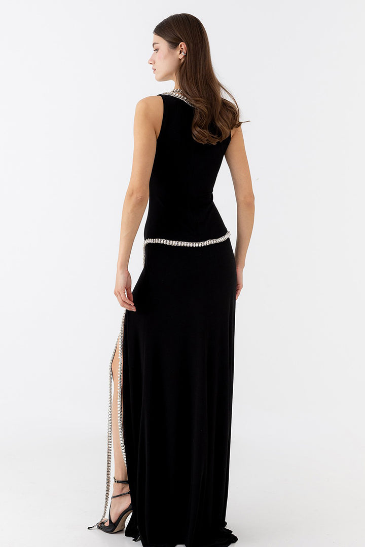 Long Dress with Crystal Trim and Slit