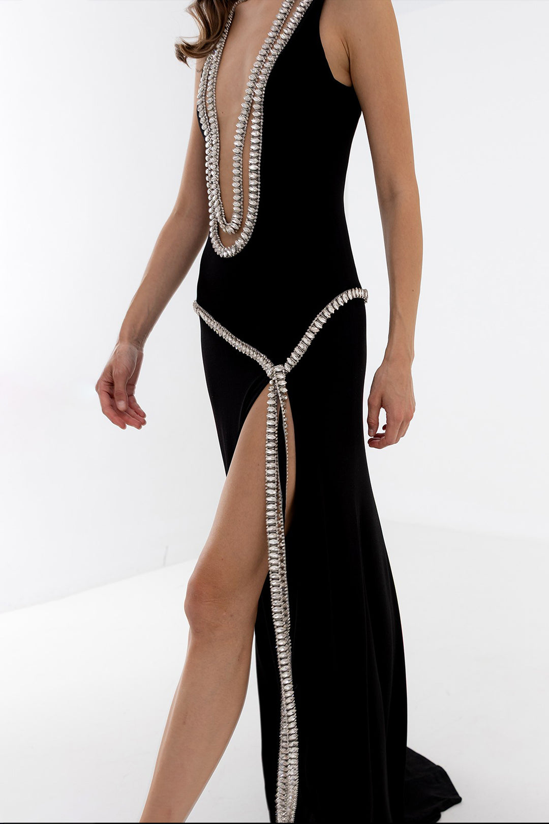Long Dress with Crystal Trim and Slit