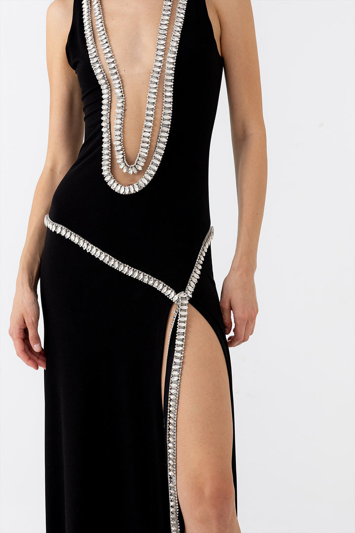 Long Dress with Crystal Trim and Slit
