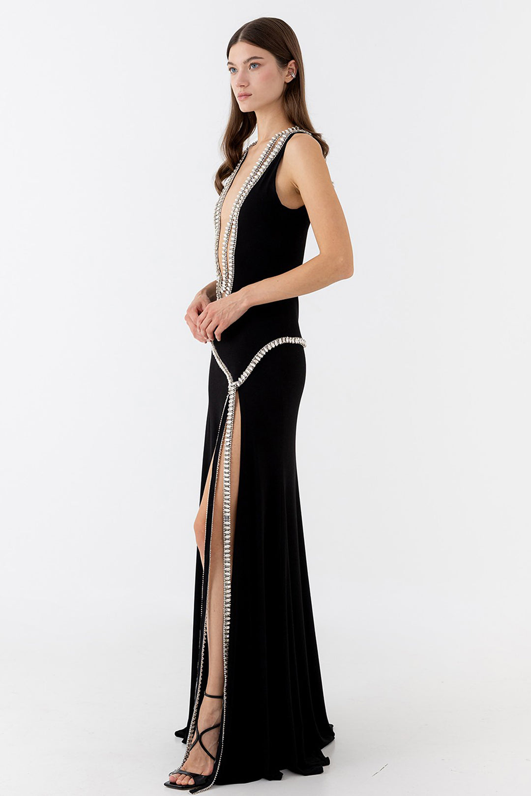 Long Dress with Crystal Trim and Slit
