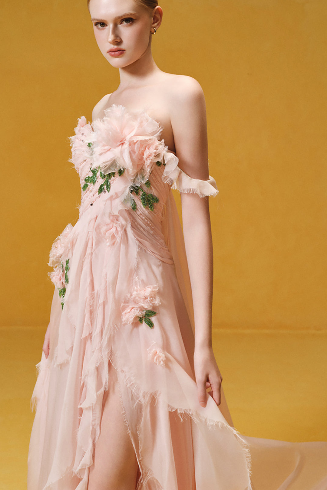 3D Rose Appliqué Draped Chiffon Dress