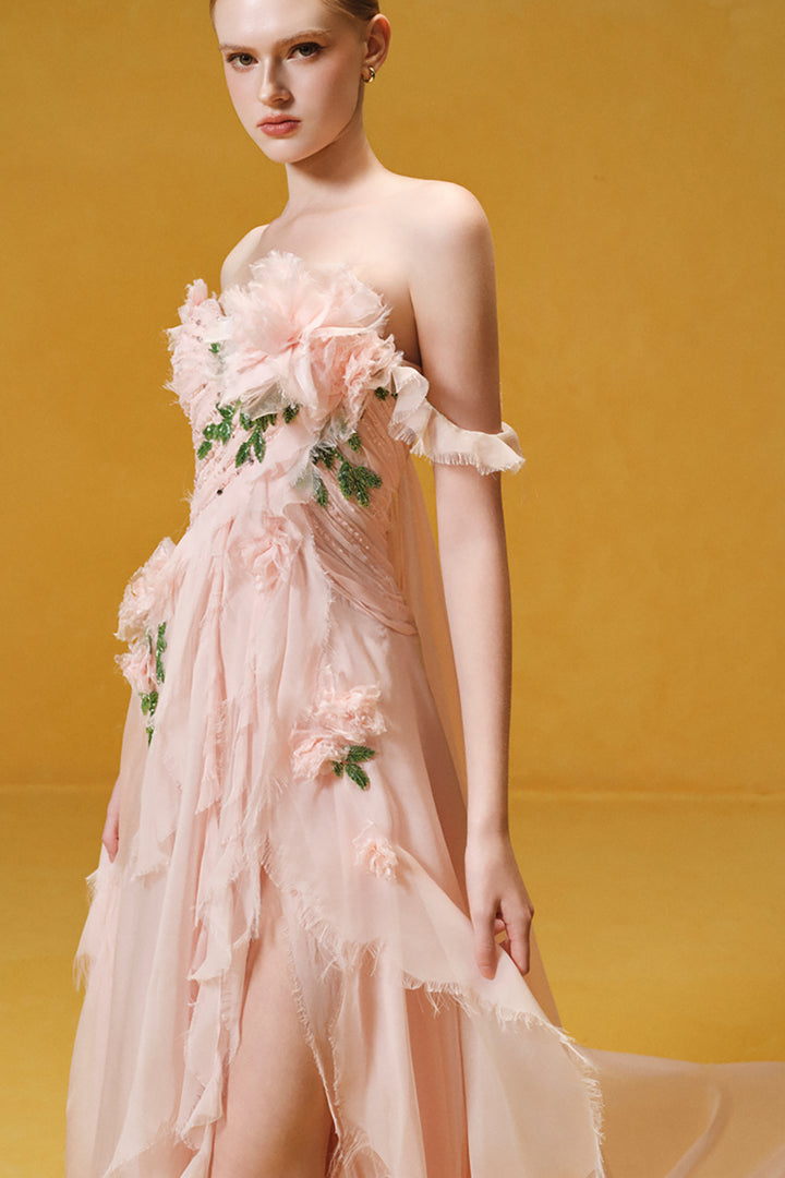 3D Rose Appliqué Draped Chiffon Dress