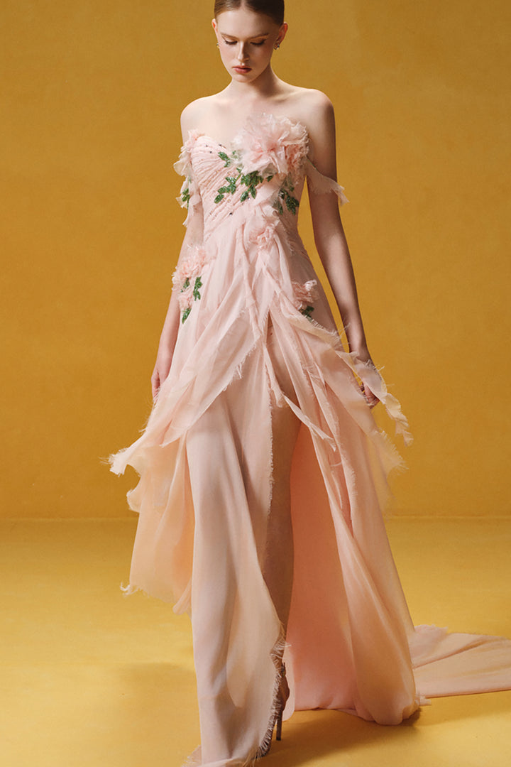 3D Rose Appliqué Draped Chiffon Dress