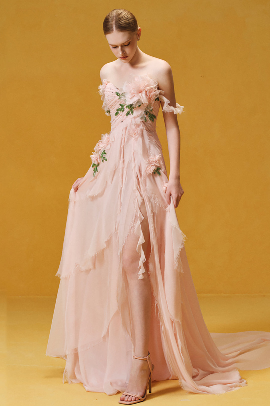 3D Rose Appliqué Draped Chiffon Dress