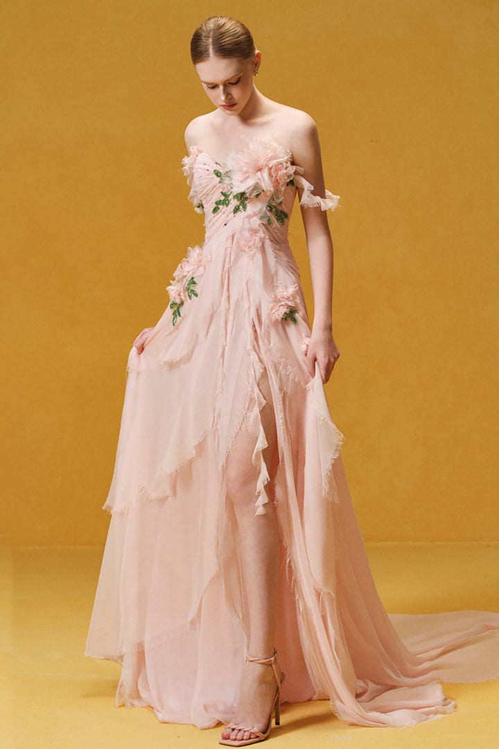 3D Rose Appliqué Draped Chiffon Dress