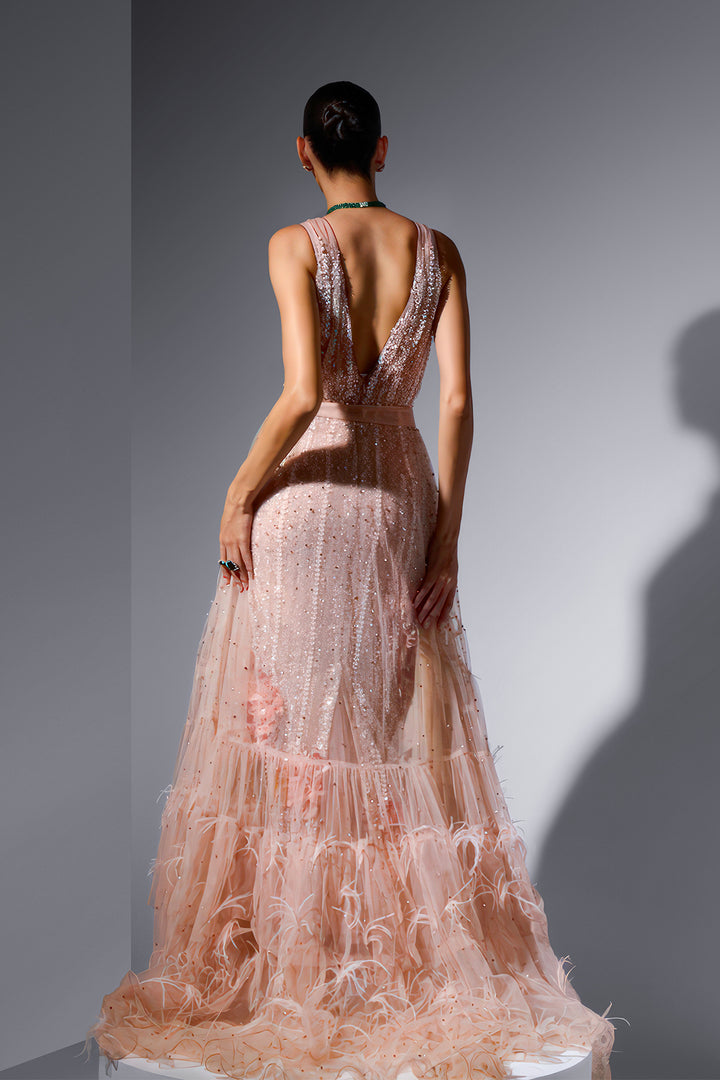Tulle Dress with Embroidery and Feathers