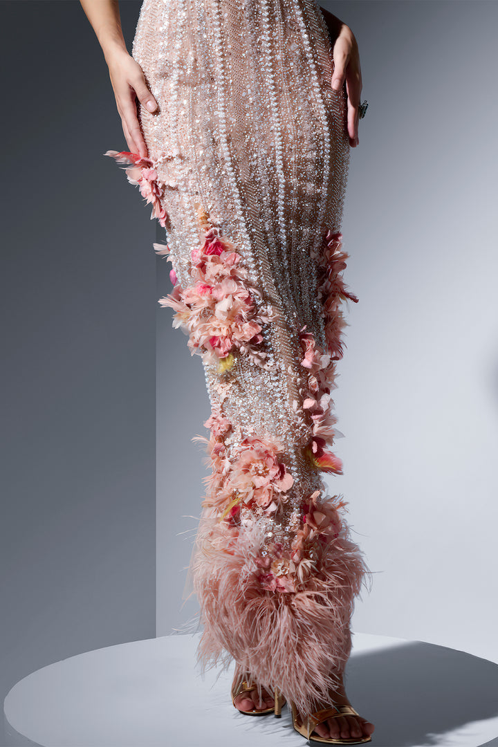 Tulle Dress with Embroidery and Feathers