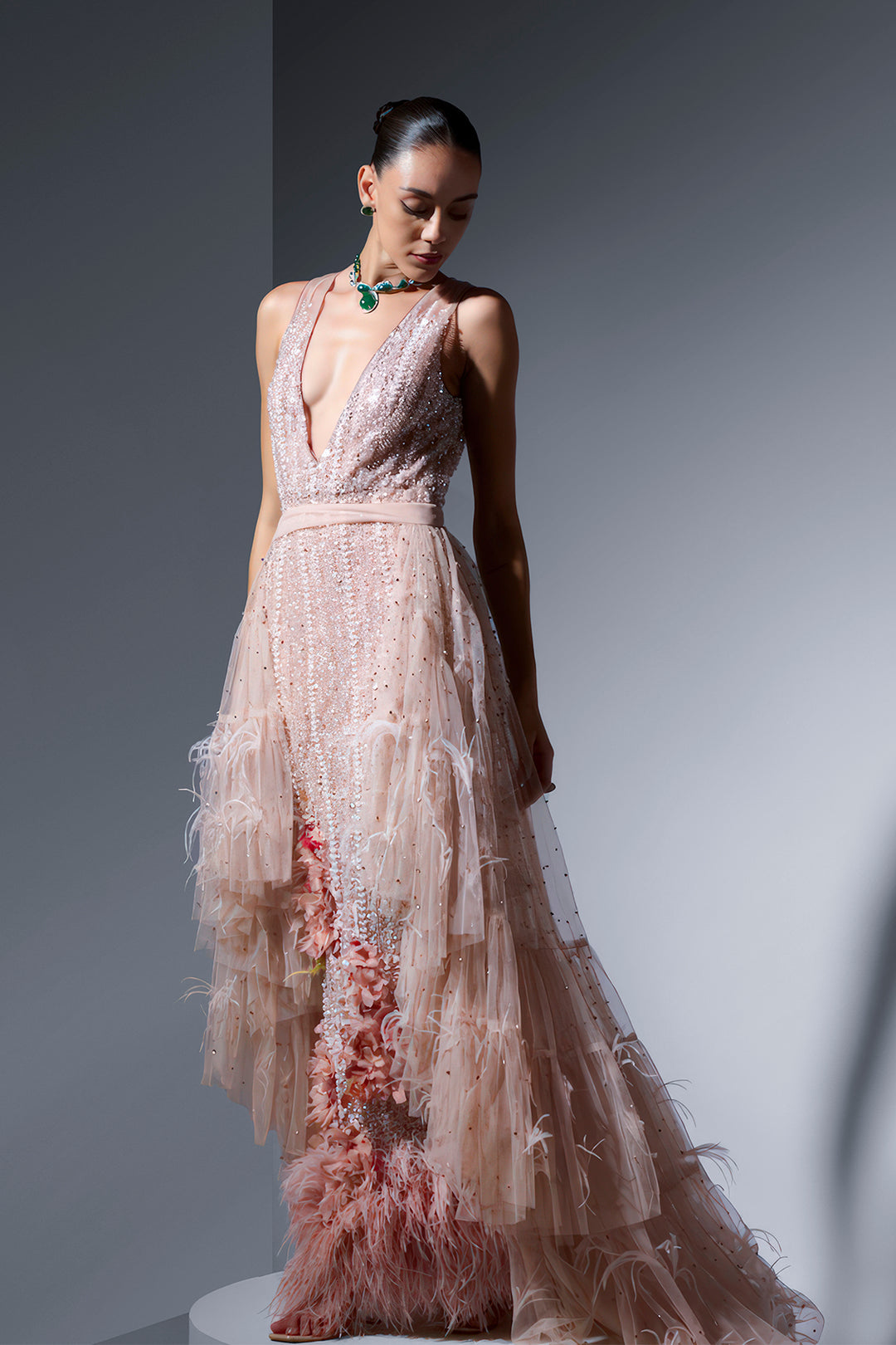 Tulle Dress with Embroidery and Feathers