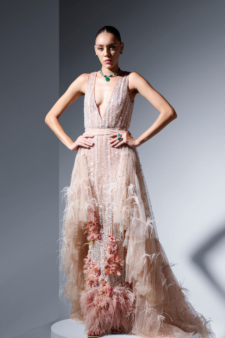 Tulle Dress with Embroidery and Feathers