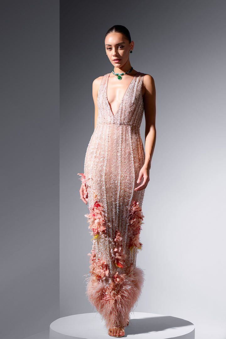 Tulle Dress with Embroidery and Feathers
