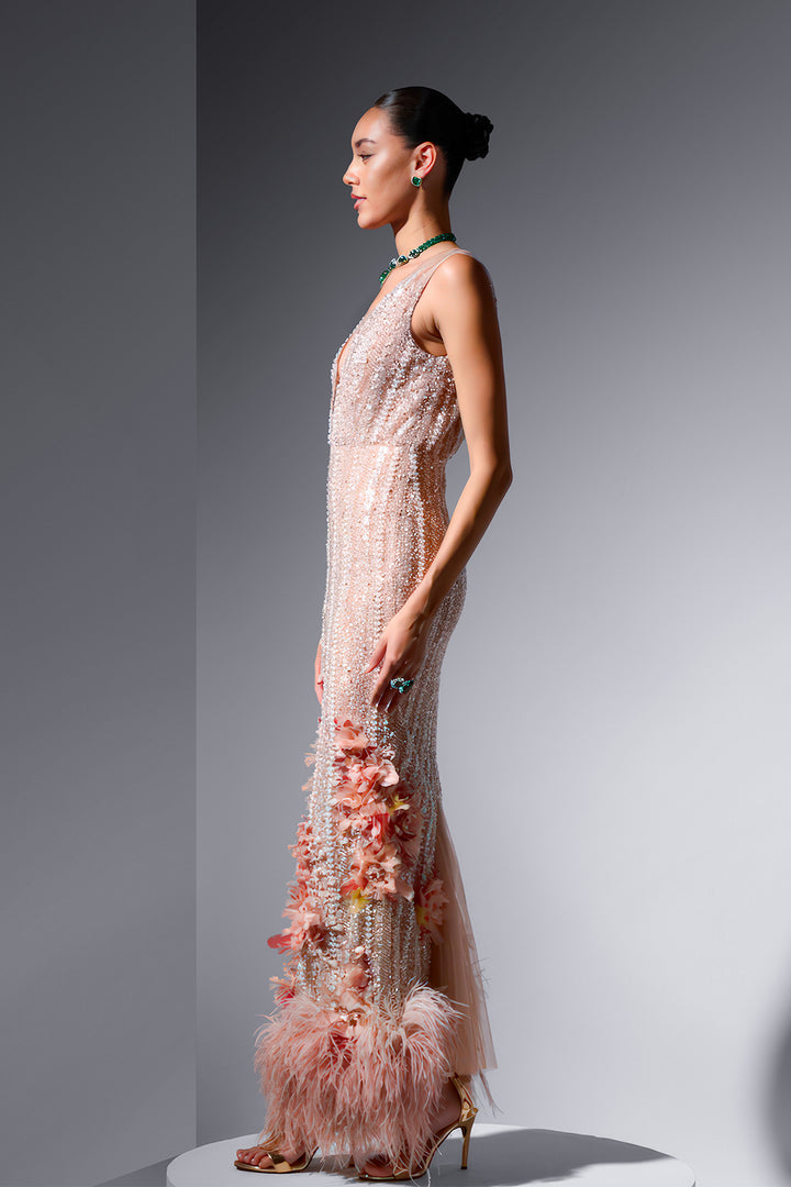 Tulle Dress with Embroidery and Feathers