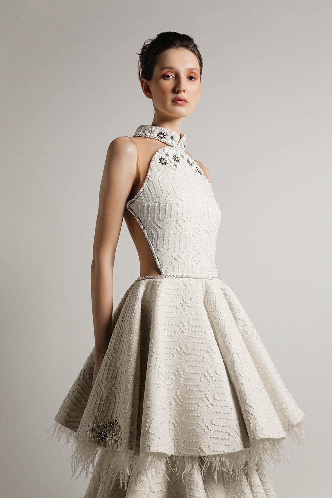 Halter Neck Printed A-line Layered Dress Silver / FR 36 Halter Neck Printed A-line Layered Dress Silver / FR 36