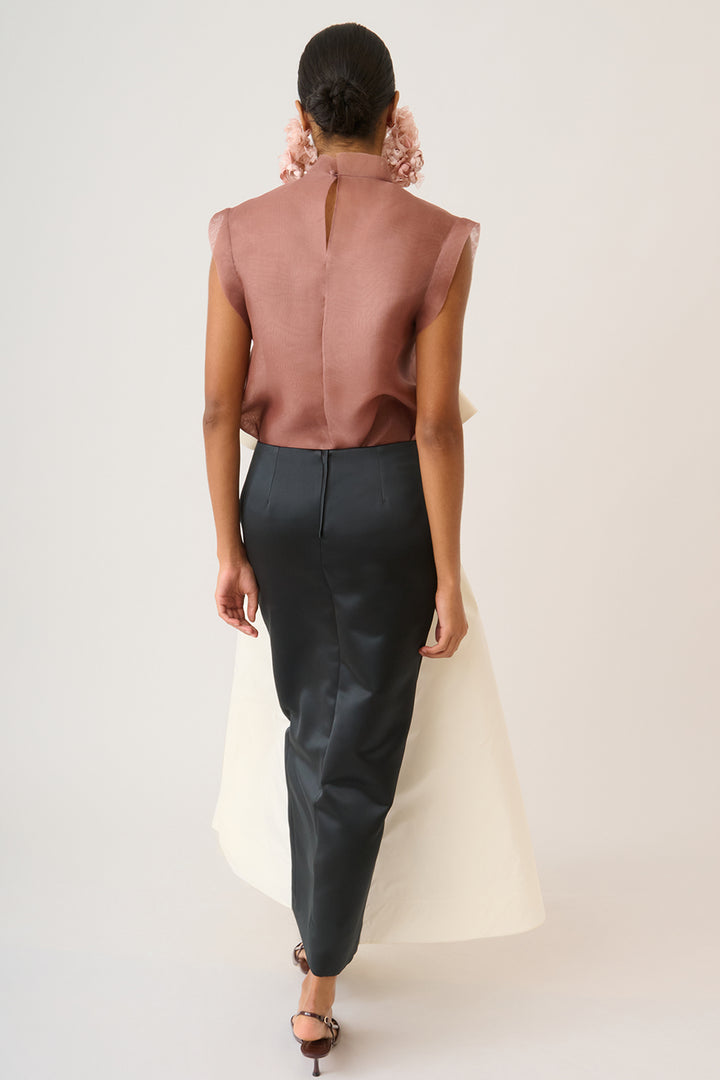 Sleeveless Organza Top with Midi Skirt Bow Detail