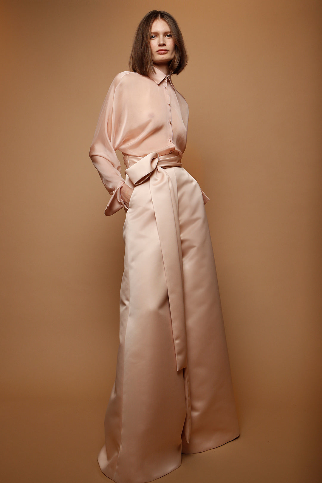 Satin Wide Leg Pants with Muslin Blouse