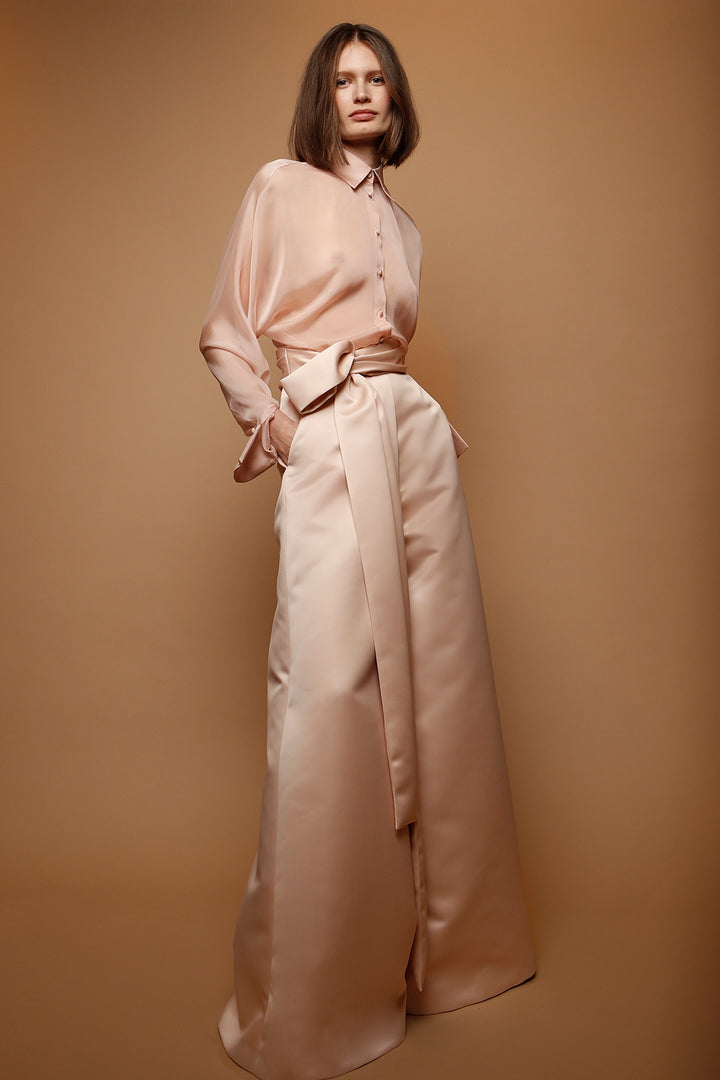 Satin Wide Leg Pants with Muslin Blouse