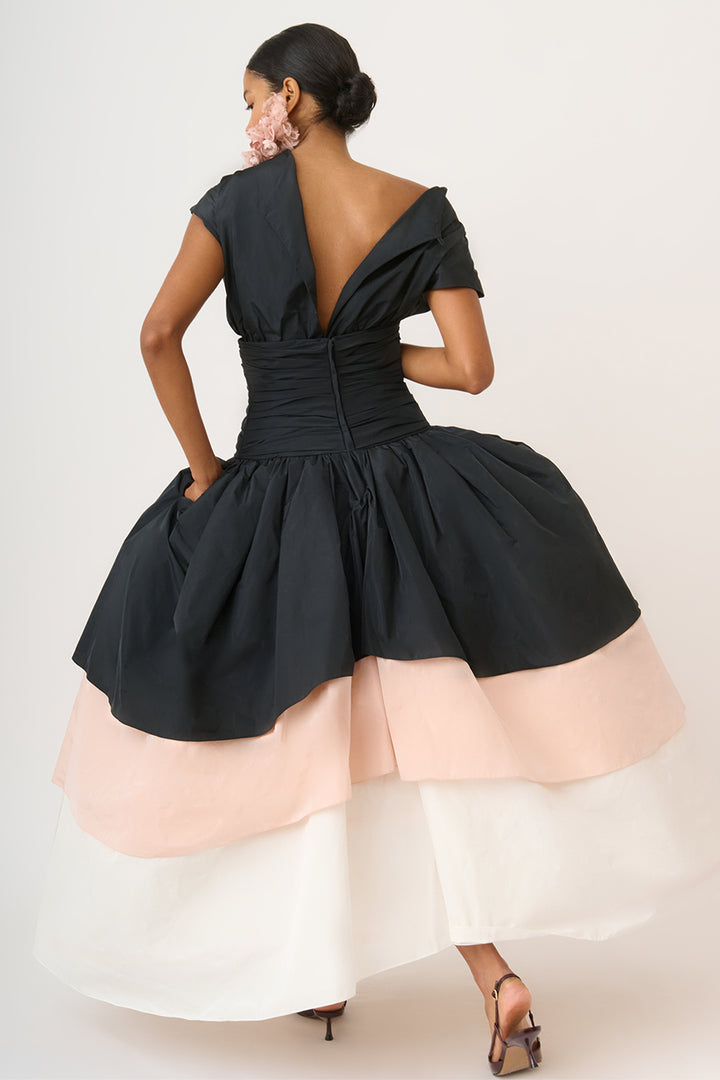 High-Waisted Taffeta Midi Skirt with Asymmetrical Panels