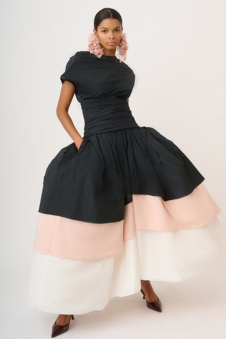 High-Waisted Taffeta Midi Skirt with Asymmetrical Panels
