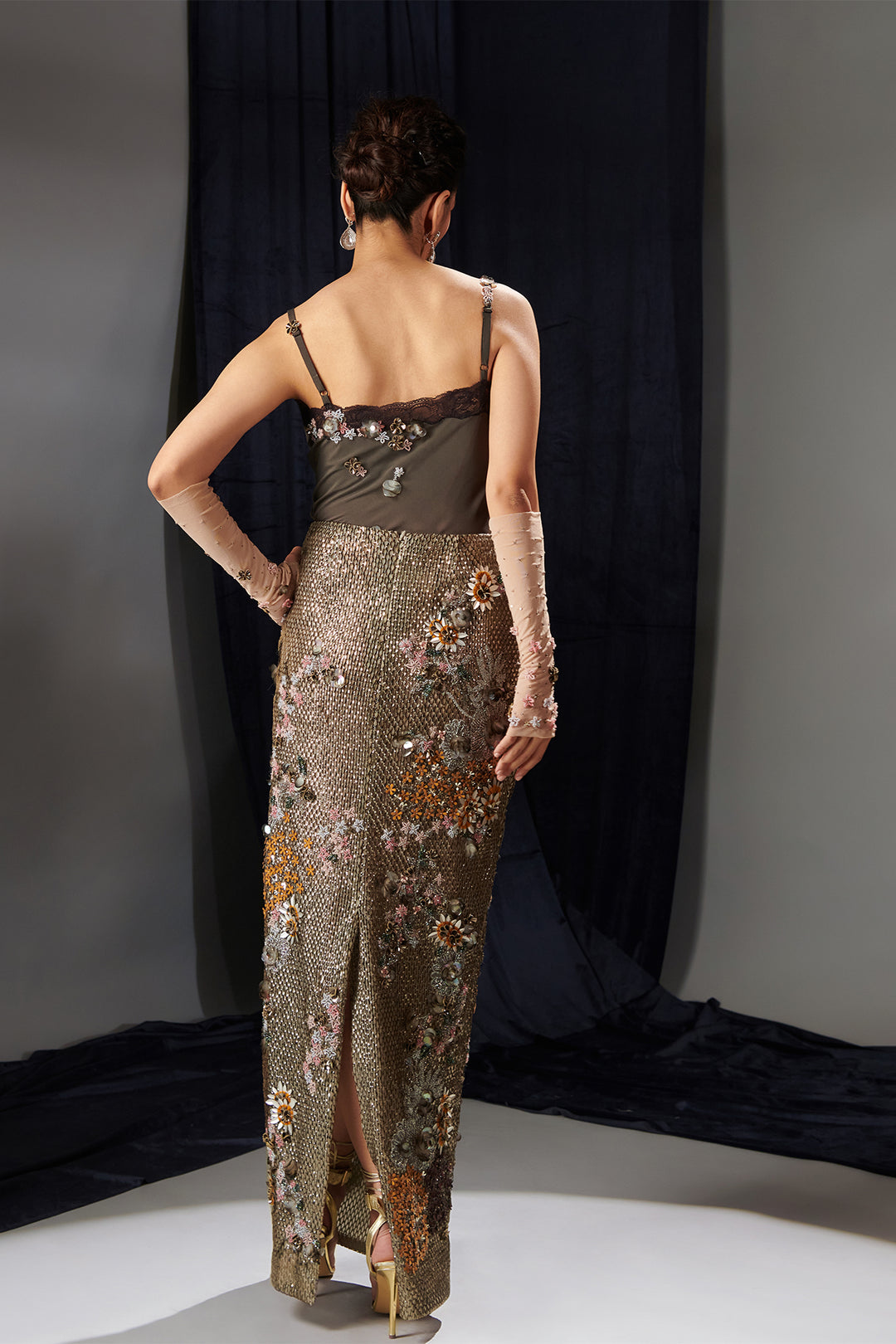 grey crepe dress V-Neck Faux Wrap Viscose Crepe Midi Dress In Grey