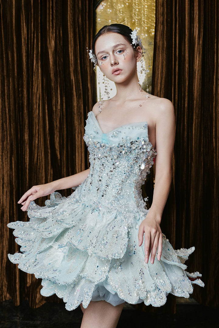 Short Beaded Strapless Dress with Tiered Skirt