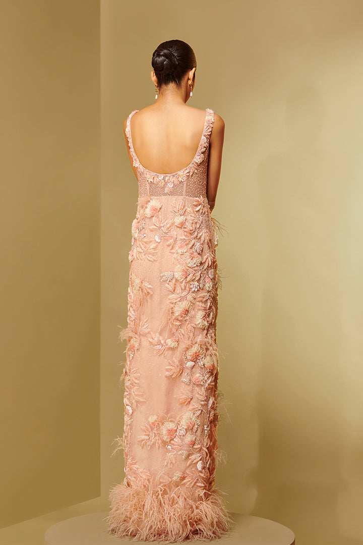 Mesh and Jacquard Dress with Slit