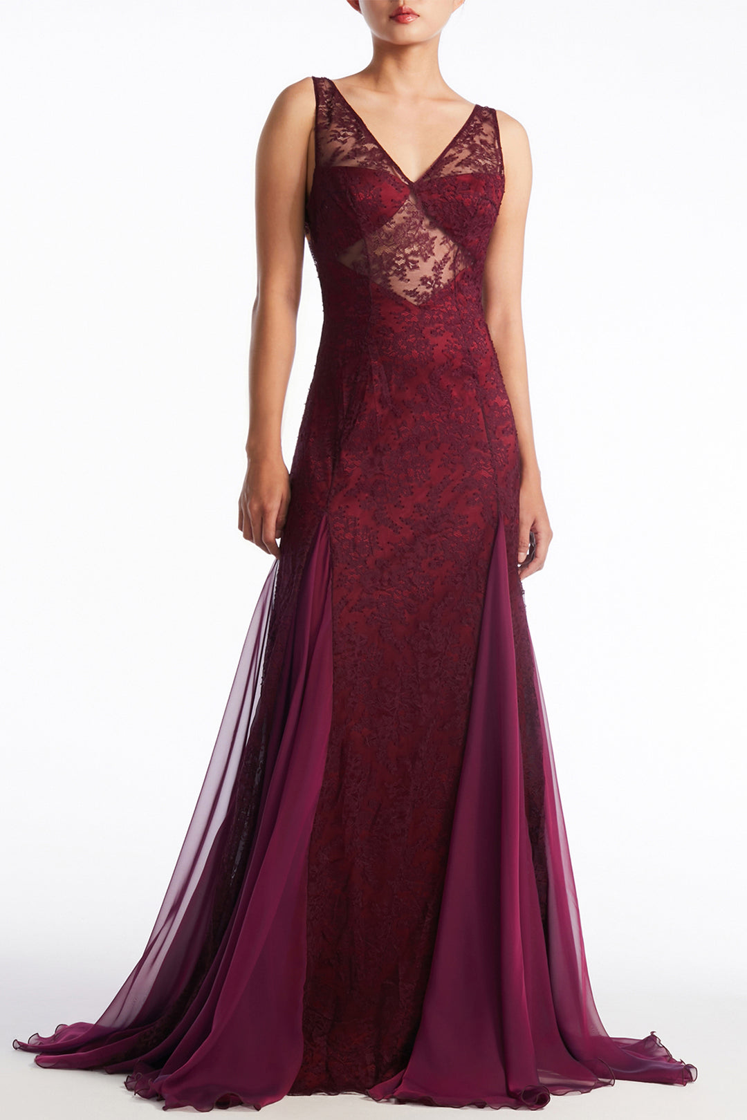Sheer Lace with Chiffon Godet Dress