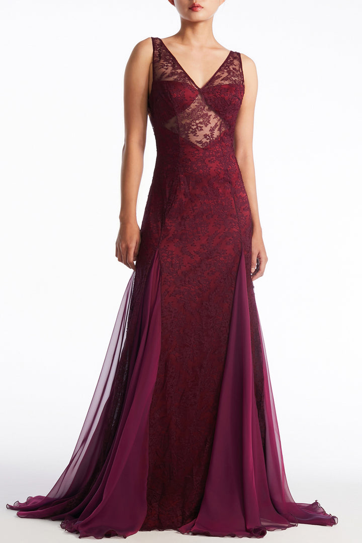 Sheer Lace with Chiffon Godet Dress
