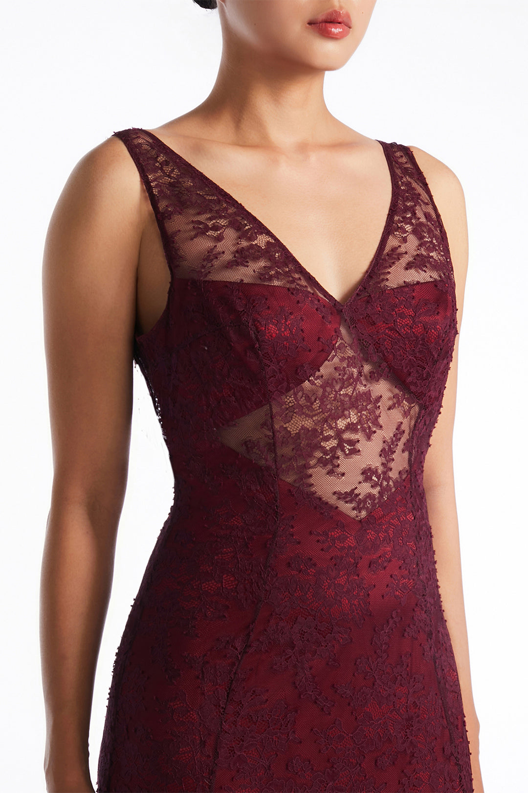 Sheer Lace with Chiffon Godet Dress