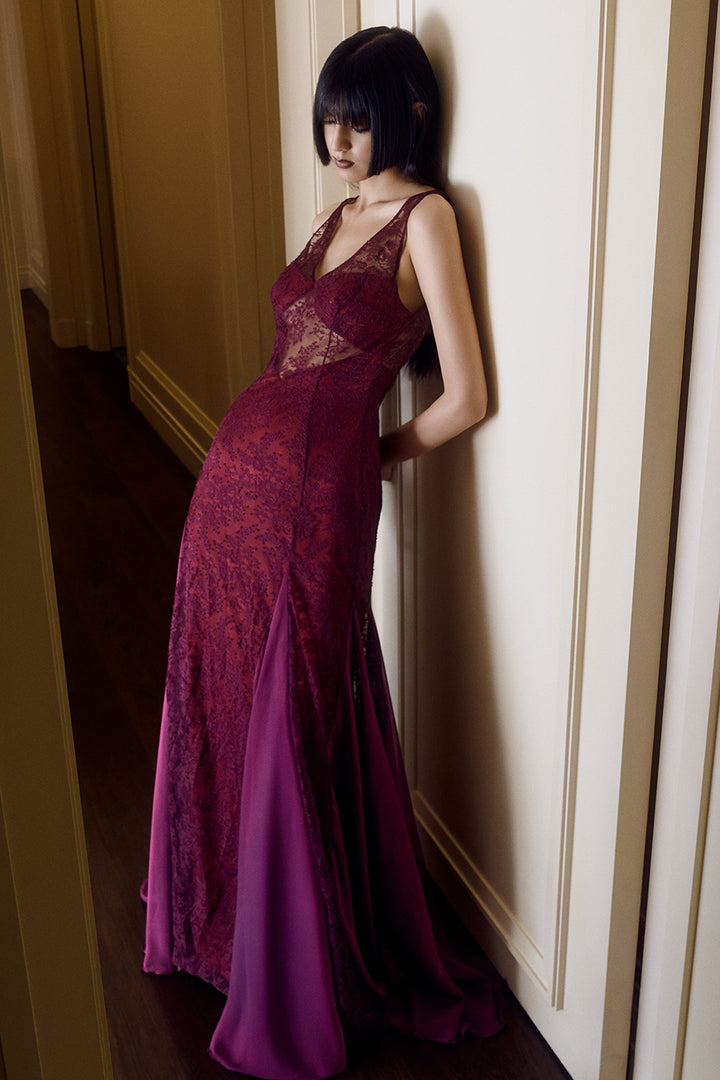 Sheer Lace with Chiffon Godet Dress
