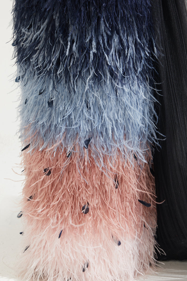 Feather Fitted Dress with Ostrich Skirt