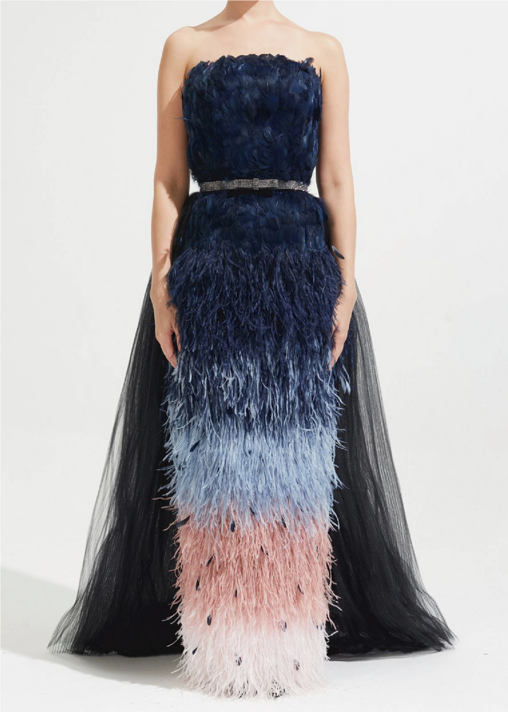 Feather Fitted Dress with Ostrich Skirt