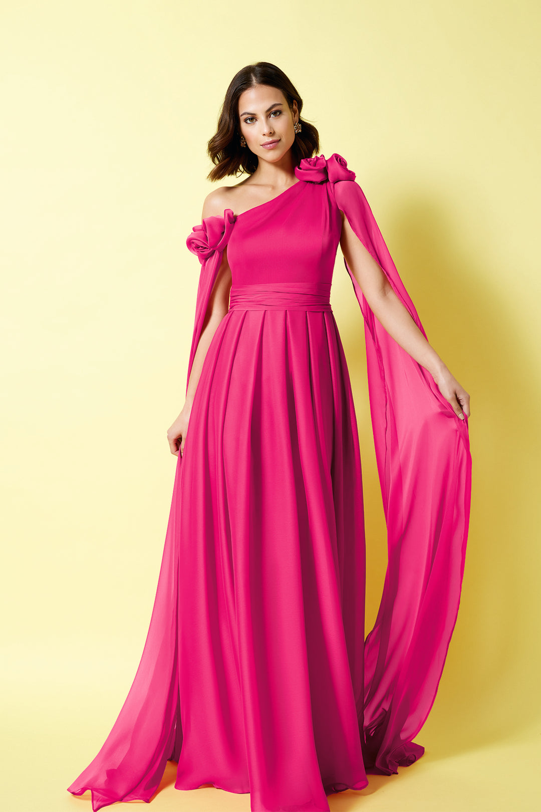 Chiffon Dress with Floral Accents Fuchsia / FR 42