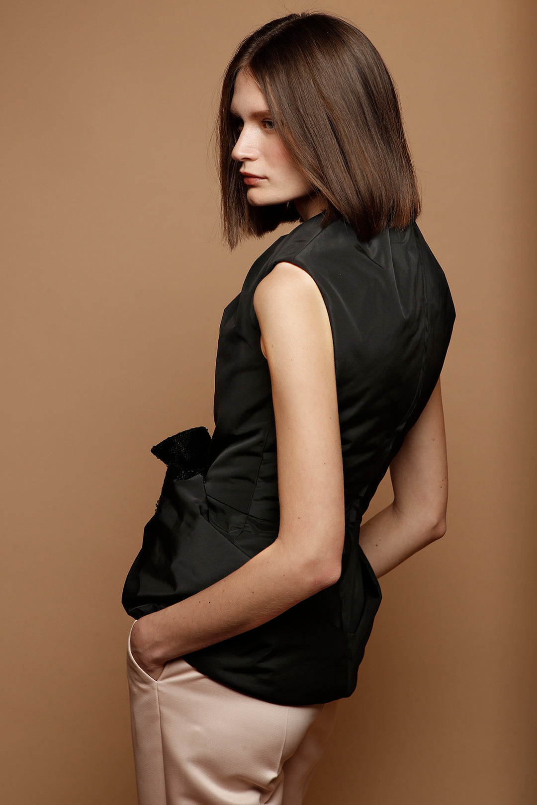 Satin Straight Pants with Wool Jacket