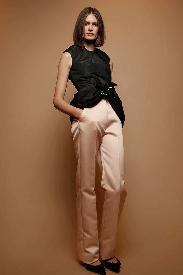Satin Straight Pants with Wool Jacket
