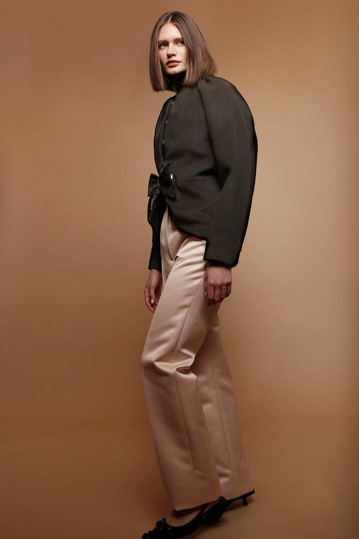 Satin Straight Pants with Wool Jacket