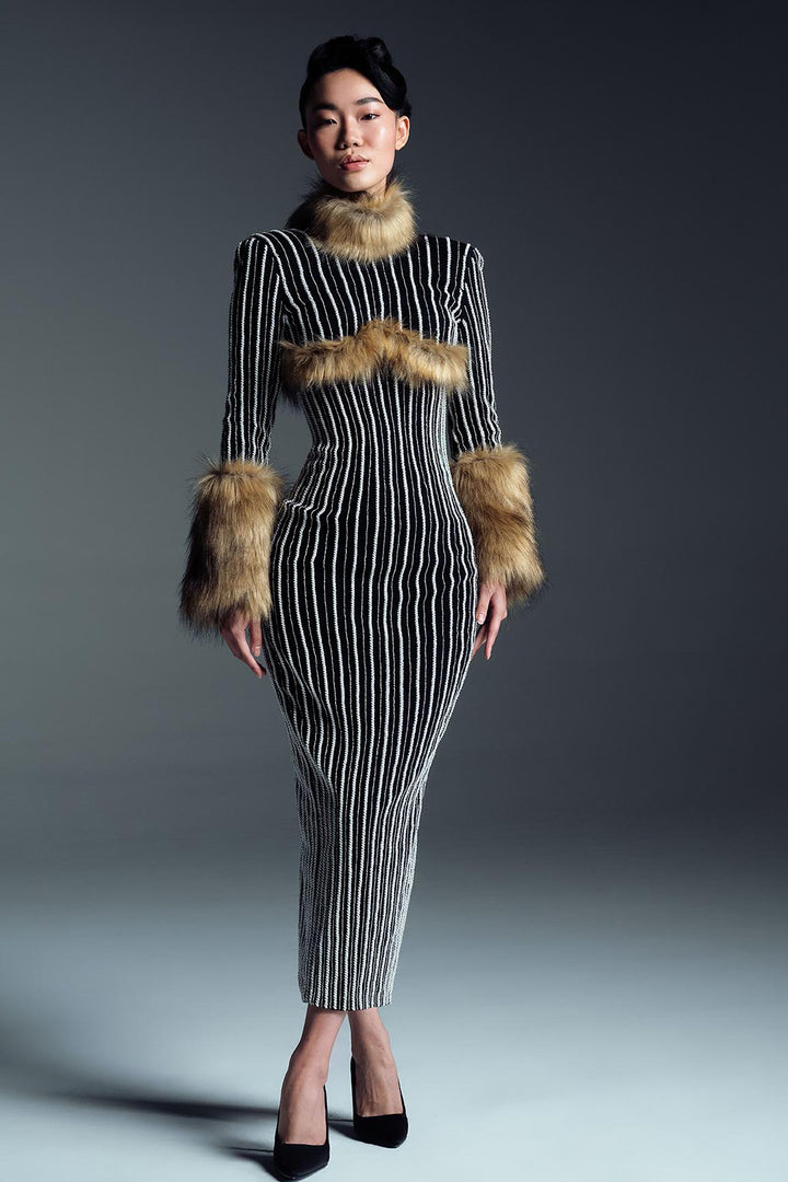 Striped Midi with Fur Accents Dress