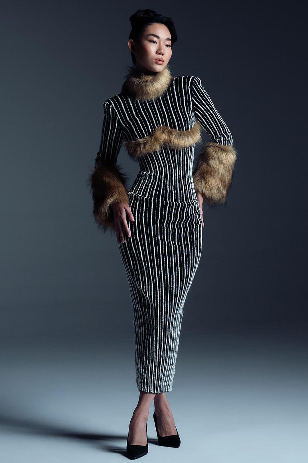 Striped Midi with Fur Accents Dress