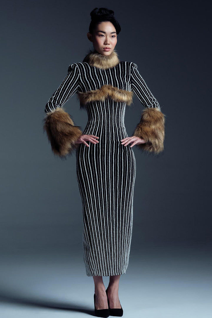 Striped Midi with Fur Accents Dress