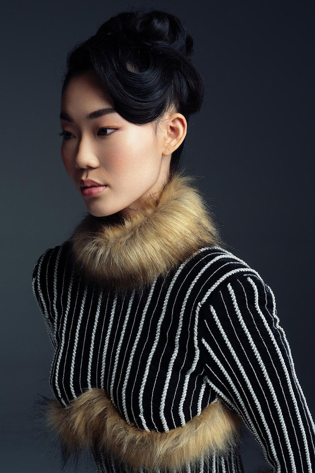 Striped Midi with Fur Accents Dress