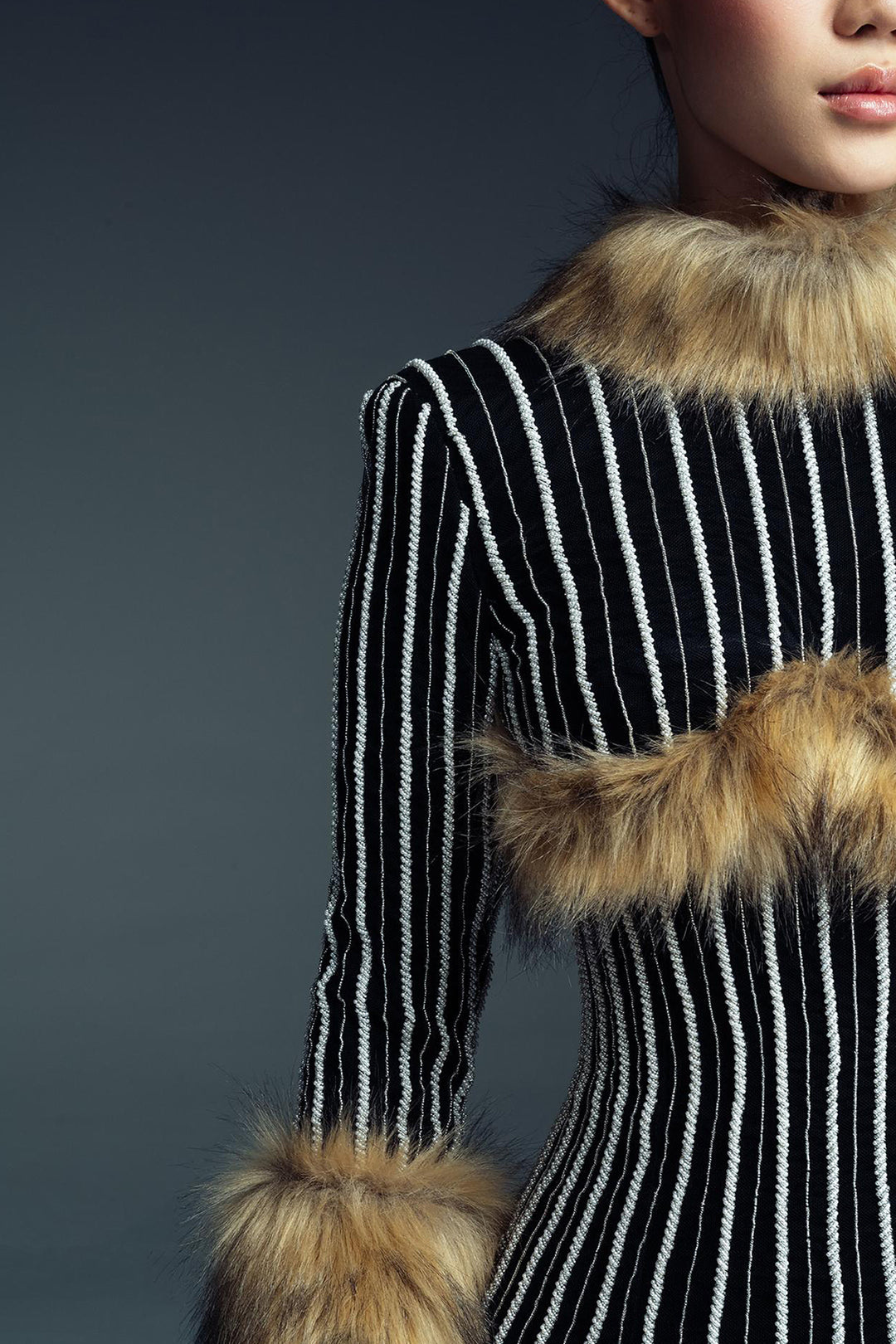 Striped Midi with Fur Accents Dress