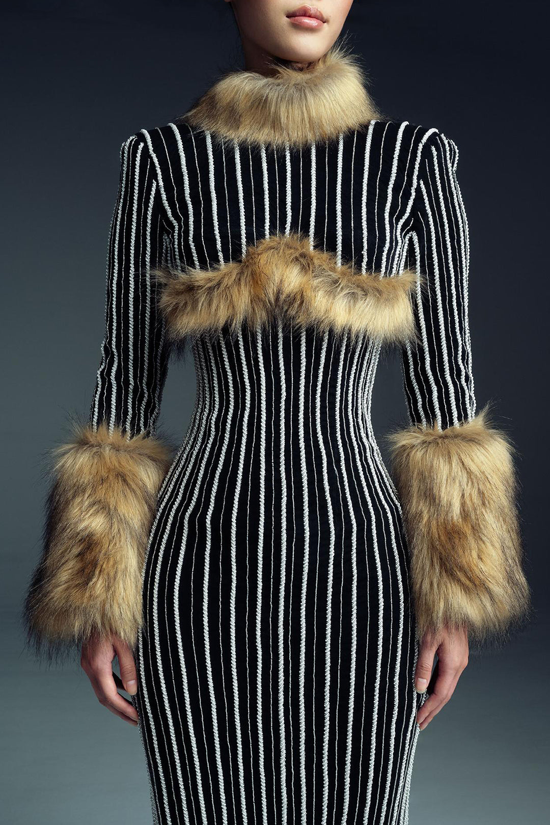 Striped Midi with Fur Accents Dress