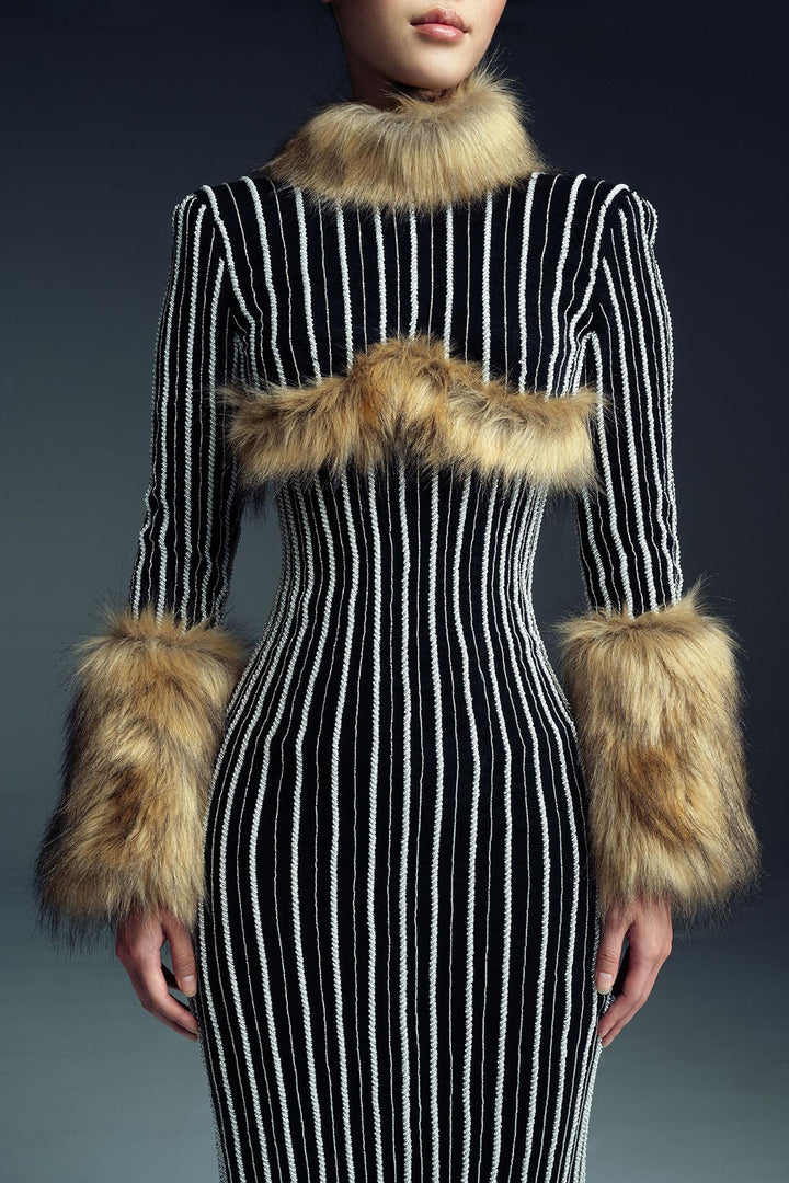 Striped Midi with Fur Accents Dress
