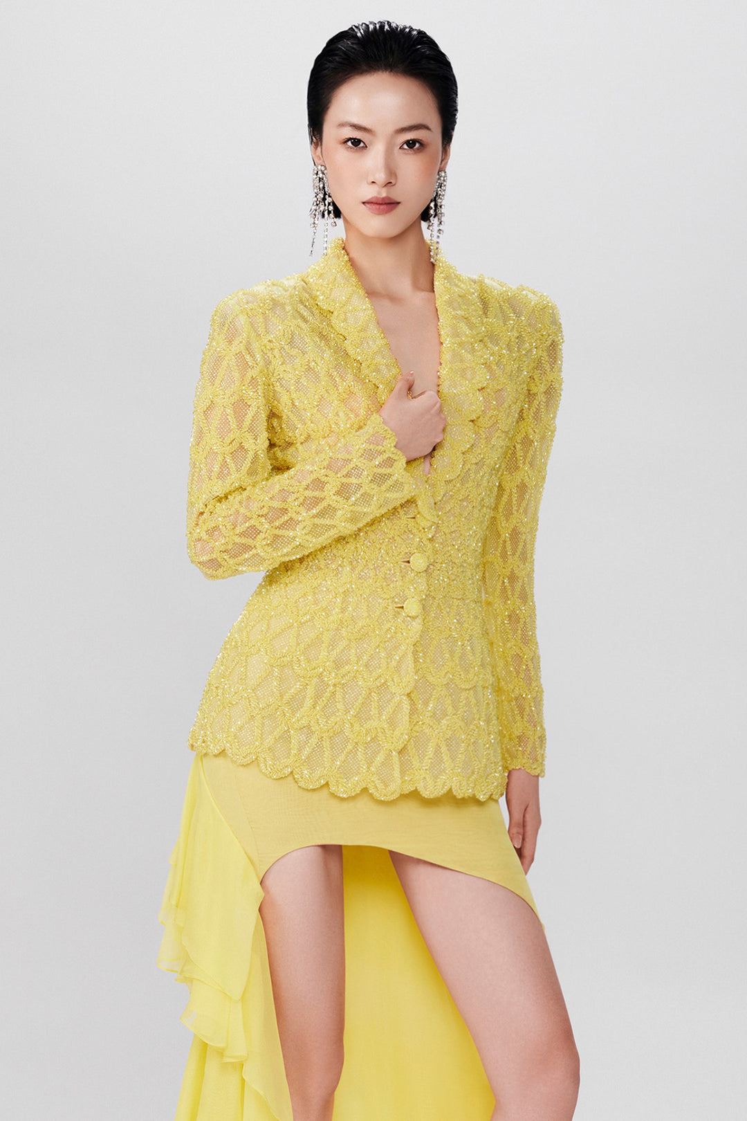 Tailored Blazer with Tiered Chiffon Dress