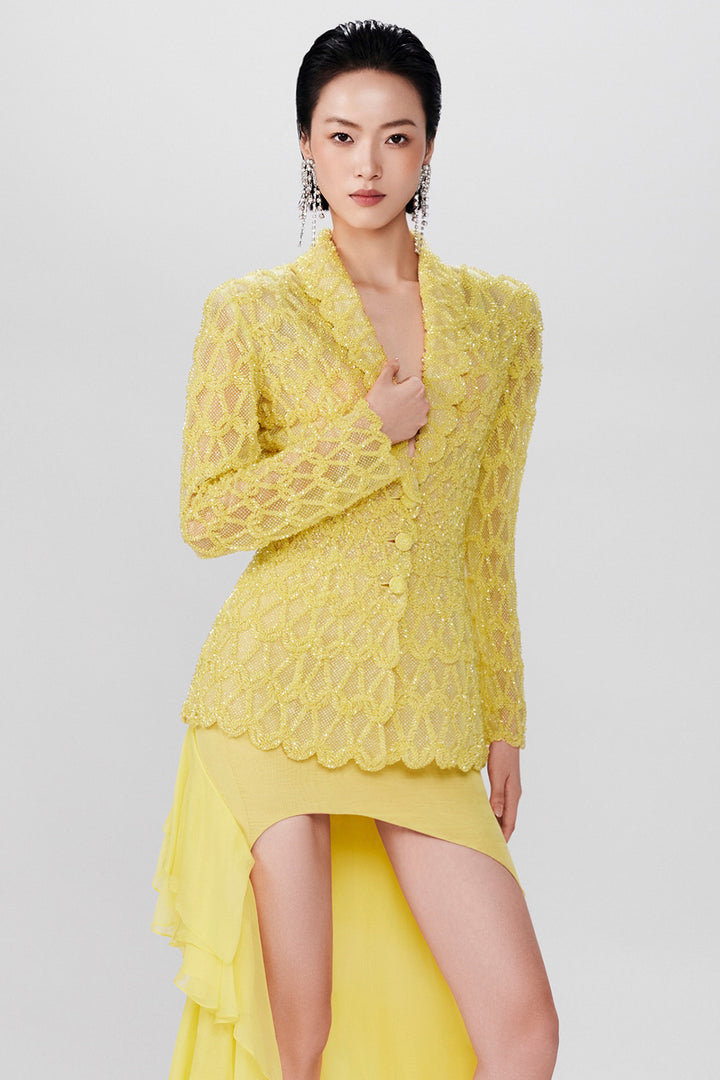 Tailored Blazer with Tiered Chiffon Dress
