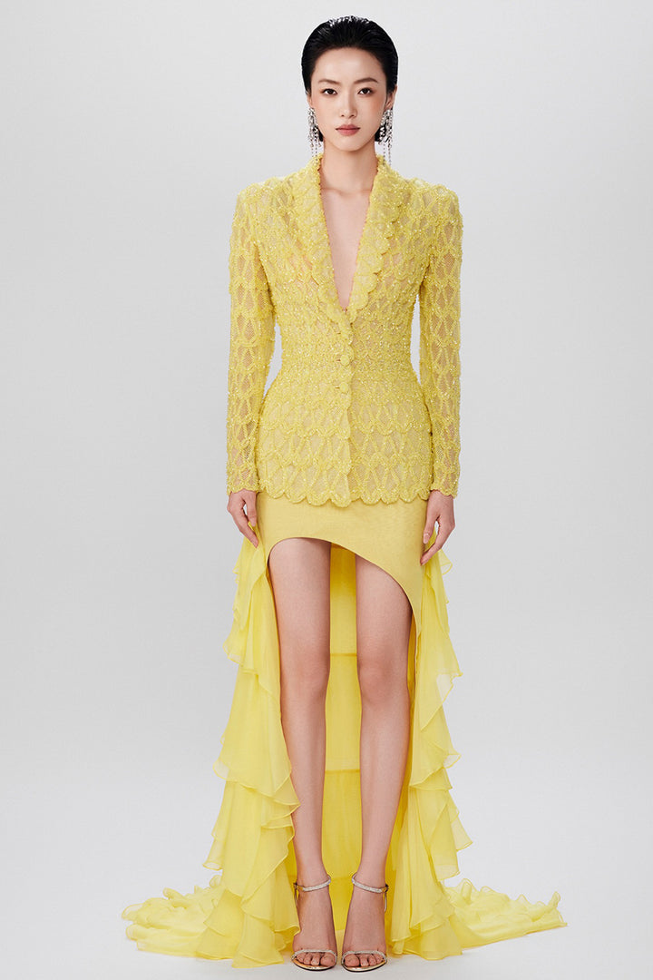 Tailored Blazer with Tiered Chiffon Dress