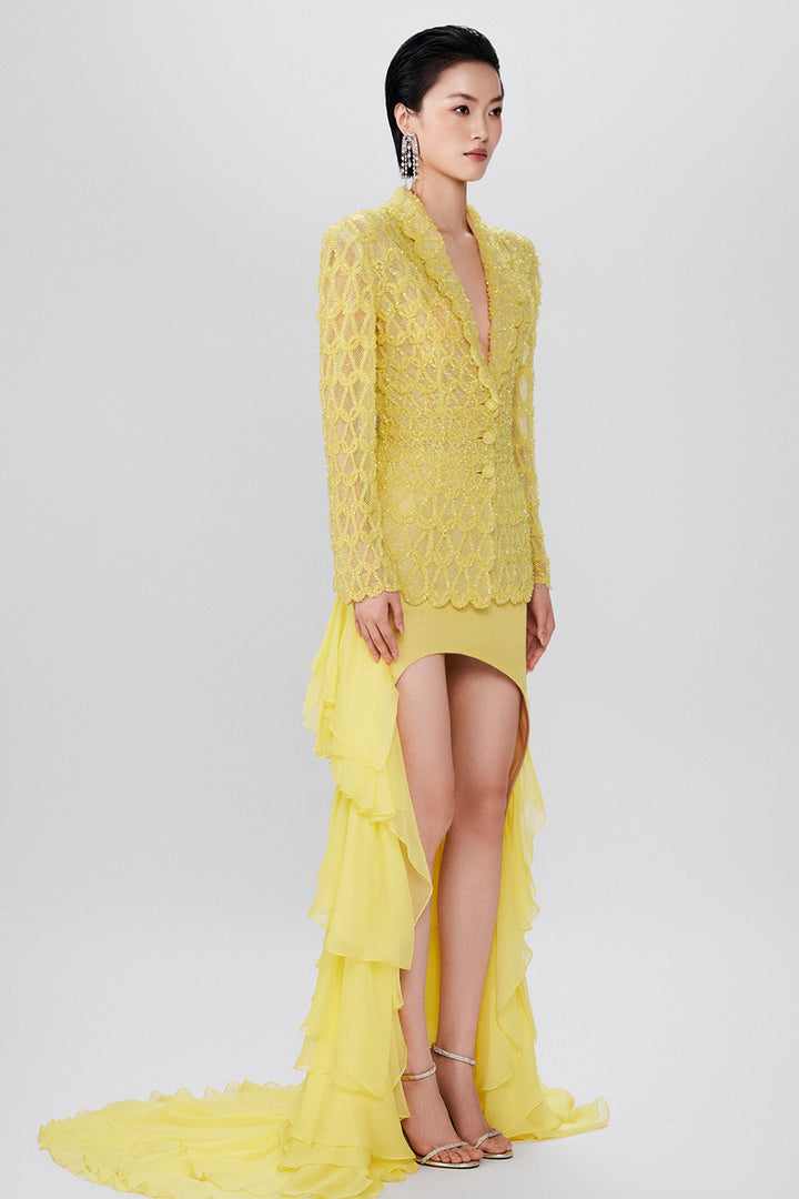 Tailored Blazer with Tiered Chiffon Dress