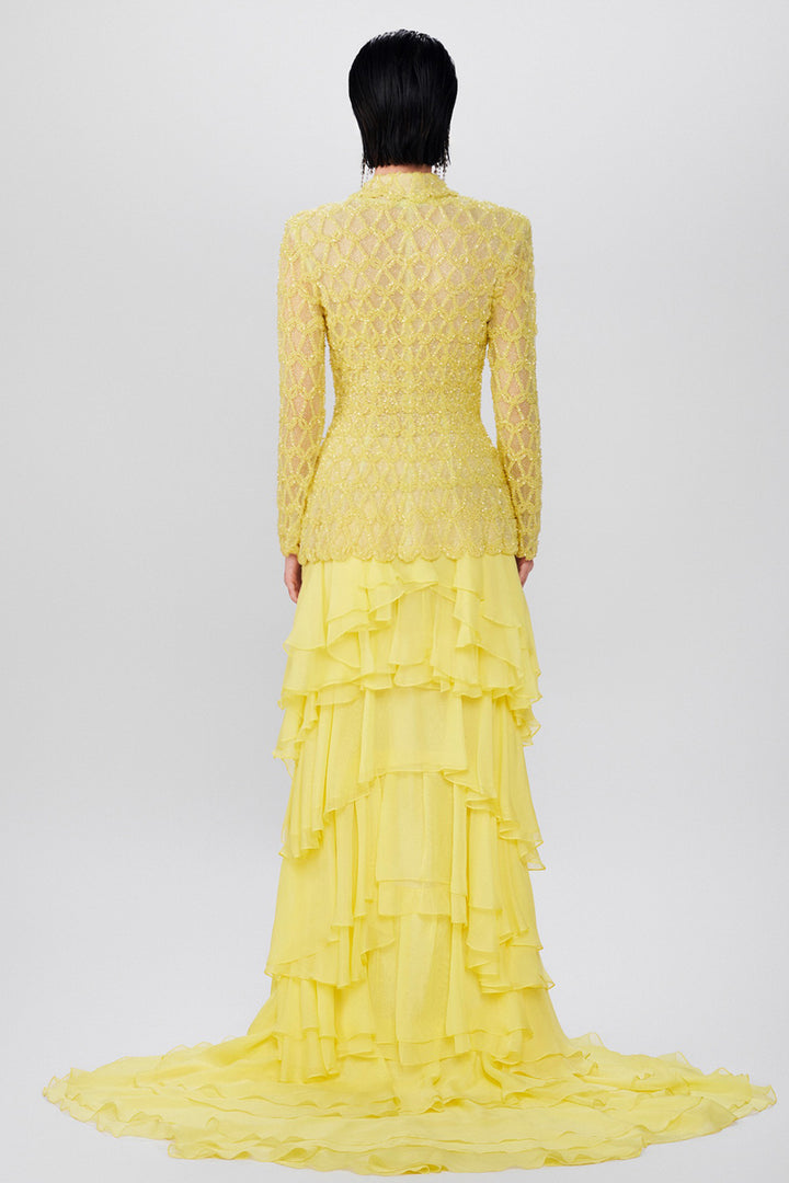 Tailored Blazer with Tiered Chiffon Dress