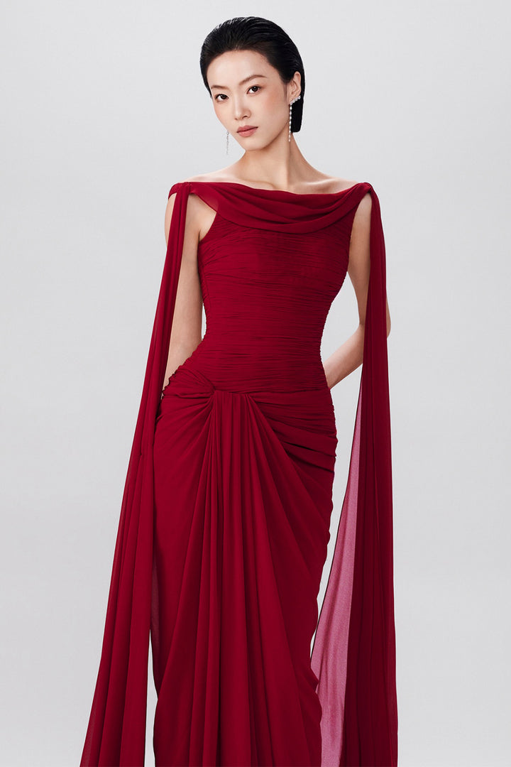 Draped Bodice Flowing Panel Chiffon Dress