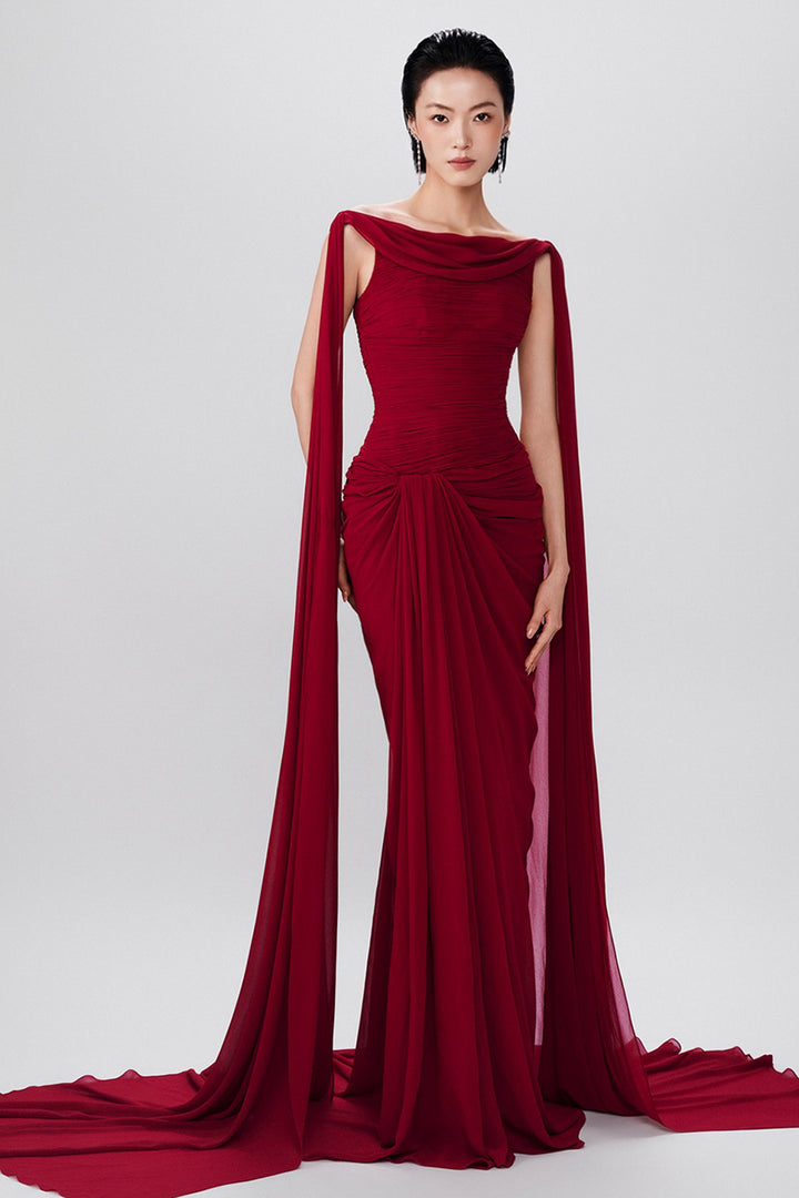 Draped Bodice Flowing Panel Chiffon Dress