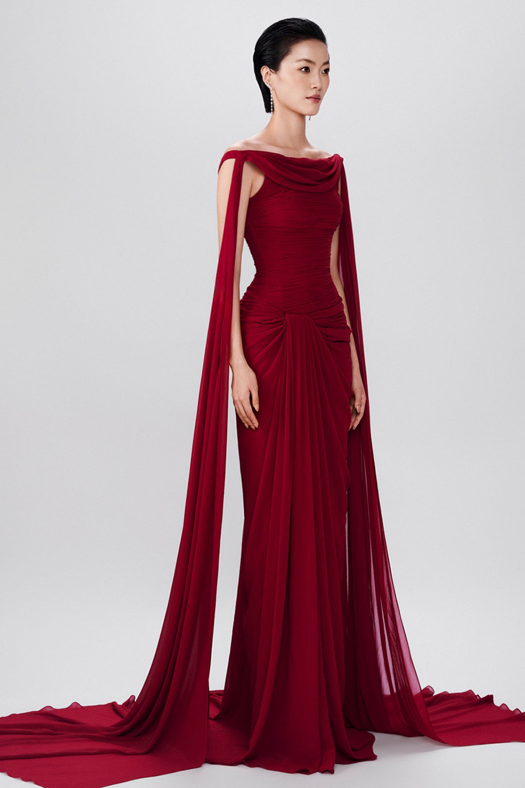 Draped Bodice Flowing Panel Chiffon Dress
